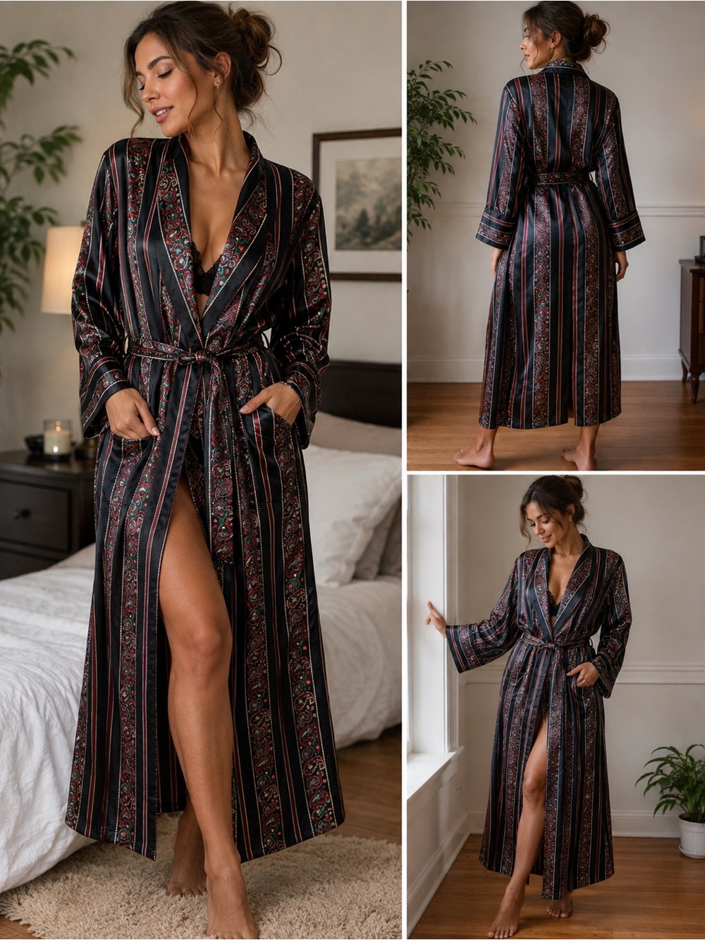 Lingerie Cacique Women’s Satin Robe Black Paisley Stripe Belted Long Vintage